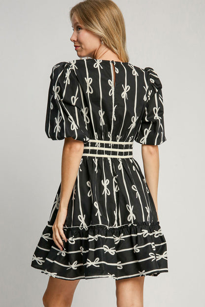 Black Ribbon Print Frill Contrast Velvet Trim Half Sleeve Dress