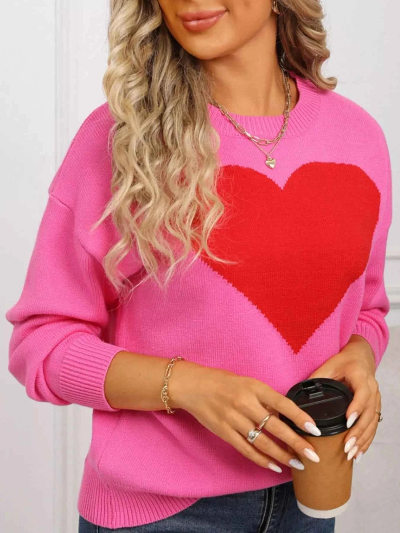 Valentine's Day Heart Round Neck Dropped Shoulder Sweater - Fashions Envy