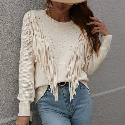 Women's Fringe Tassel Sweater - Casual Long Sleeve Crewneck Knit Pullover For Fall