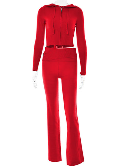 Soft Zip-up Long Sleeve Crop Sweater and Low Waist Pants Set