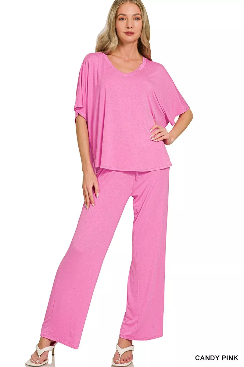 Zenana V-neck Oversized Top & Pants Set - Fashions Envy