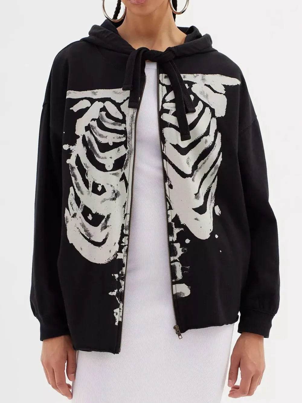 Skeleton Zip Up Drawstring Hoodie - Halloween Sweatshirt - Fashions Envy