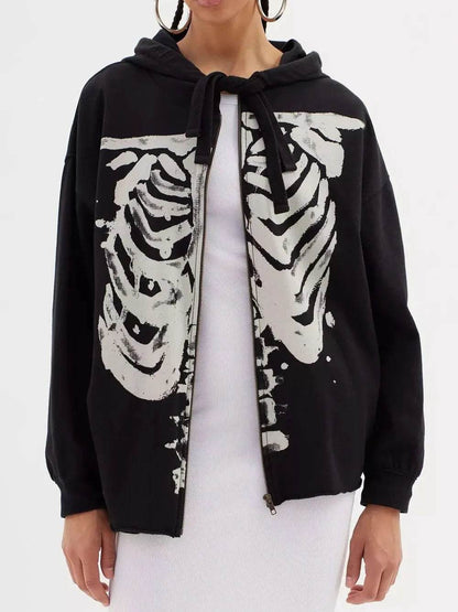 Skeleton Zip Up Drawstring Hoodie - Halloween Sweatshirt - Fashions Envy