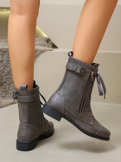 PU Leather Lace-Up Low Heel Zipper Boots