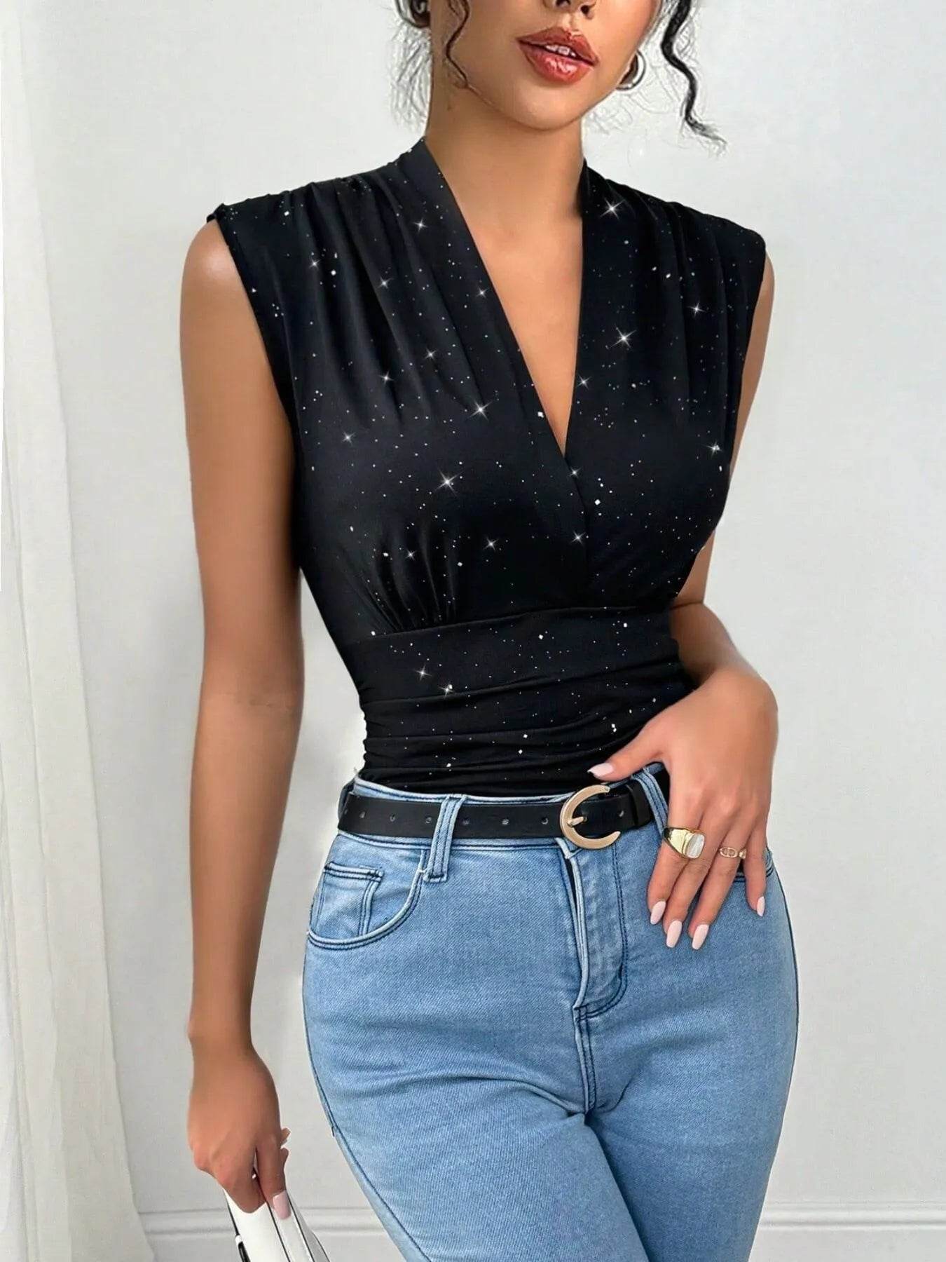 Surplice Sleeveless Slim Blouse - Elegant Wrap Style Top - Fashions Envy