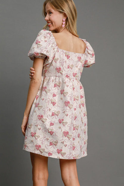 Pink Heart Jacquard Square Neck Puff Sleeve Mini Dress