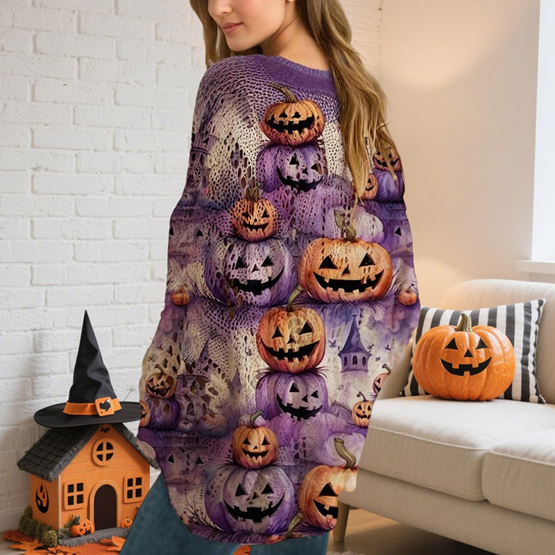 Diamond Hollow Out Batwing Sleeve Top - Loose Fit Pumpkin Halloween Print