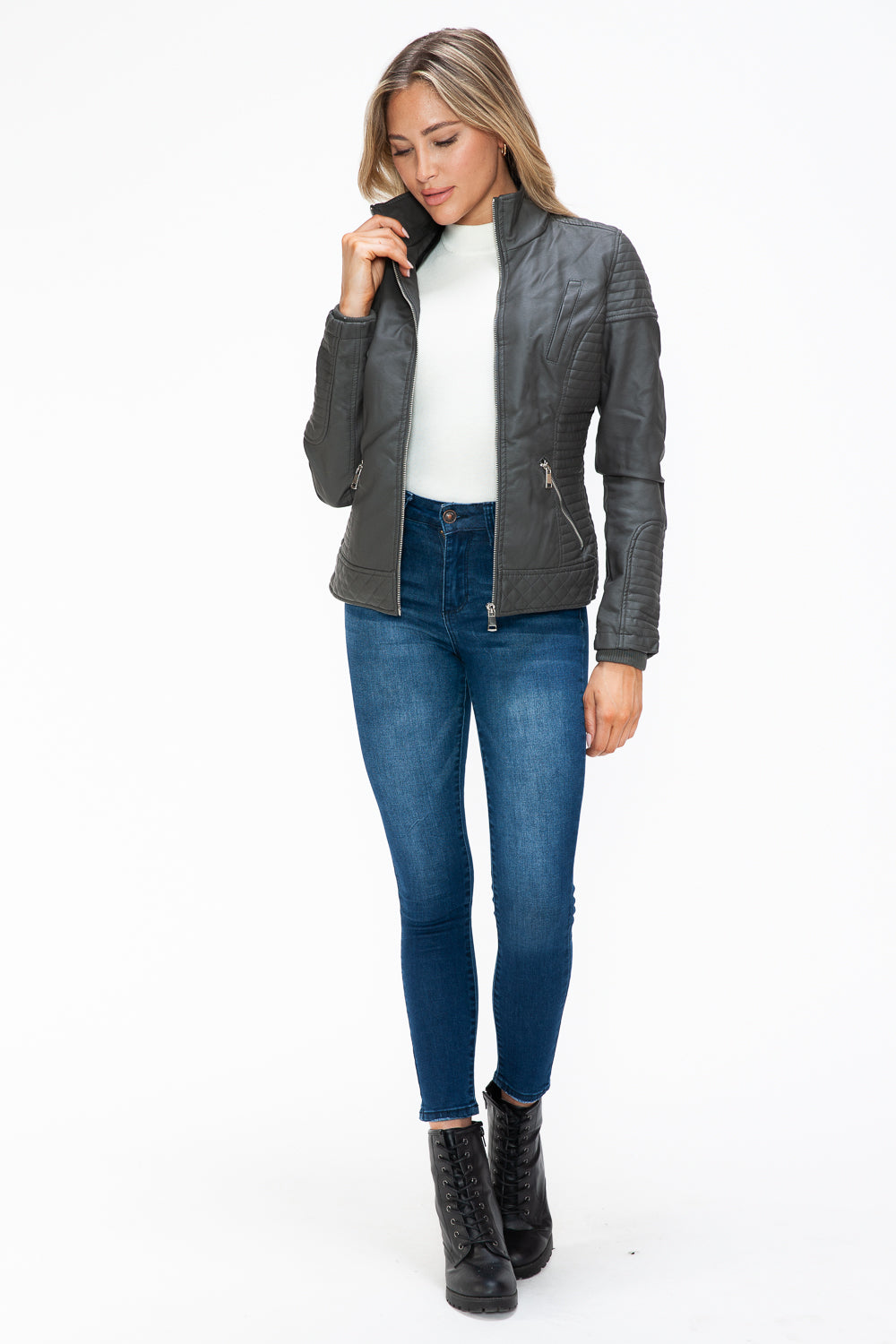 Charcoal Faux Layered Double-Zipper Jacket with Fuzzy Hood