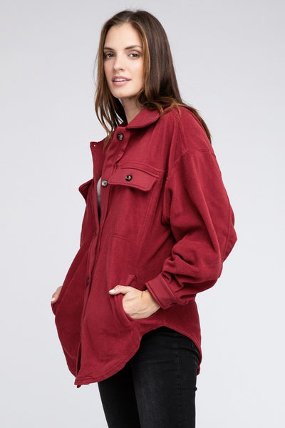 Fleece Buttoned Down Long Sleeve Oversized Jacket - Fashions Envy