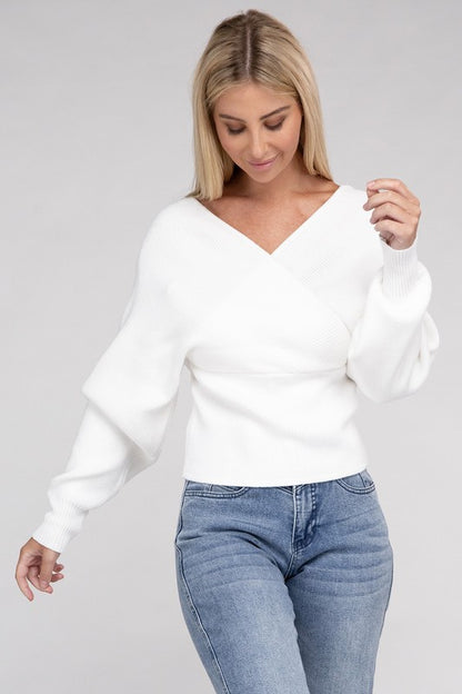 Cross-Wrap Viscose Long Sleeve Pullover Sweater