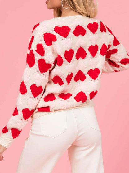 Valentine’s Day Fuzzy Heart Round Neck Long Sleeve Sweater