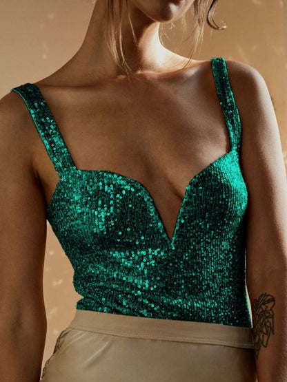 Sequin Wide Strap Bodysuit - Fashions Envy