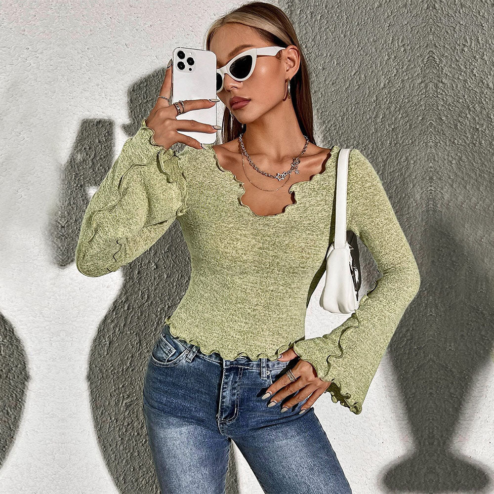 Frayed Flare Sleeve Top - Elegant Grass Green