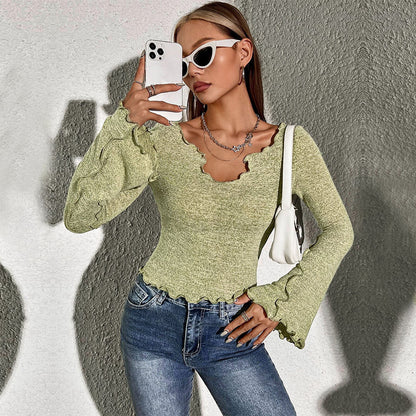 Frayed Flare Sleeve Top - Elegant Grass Green