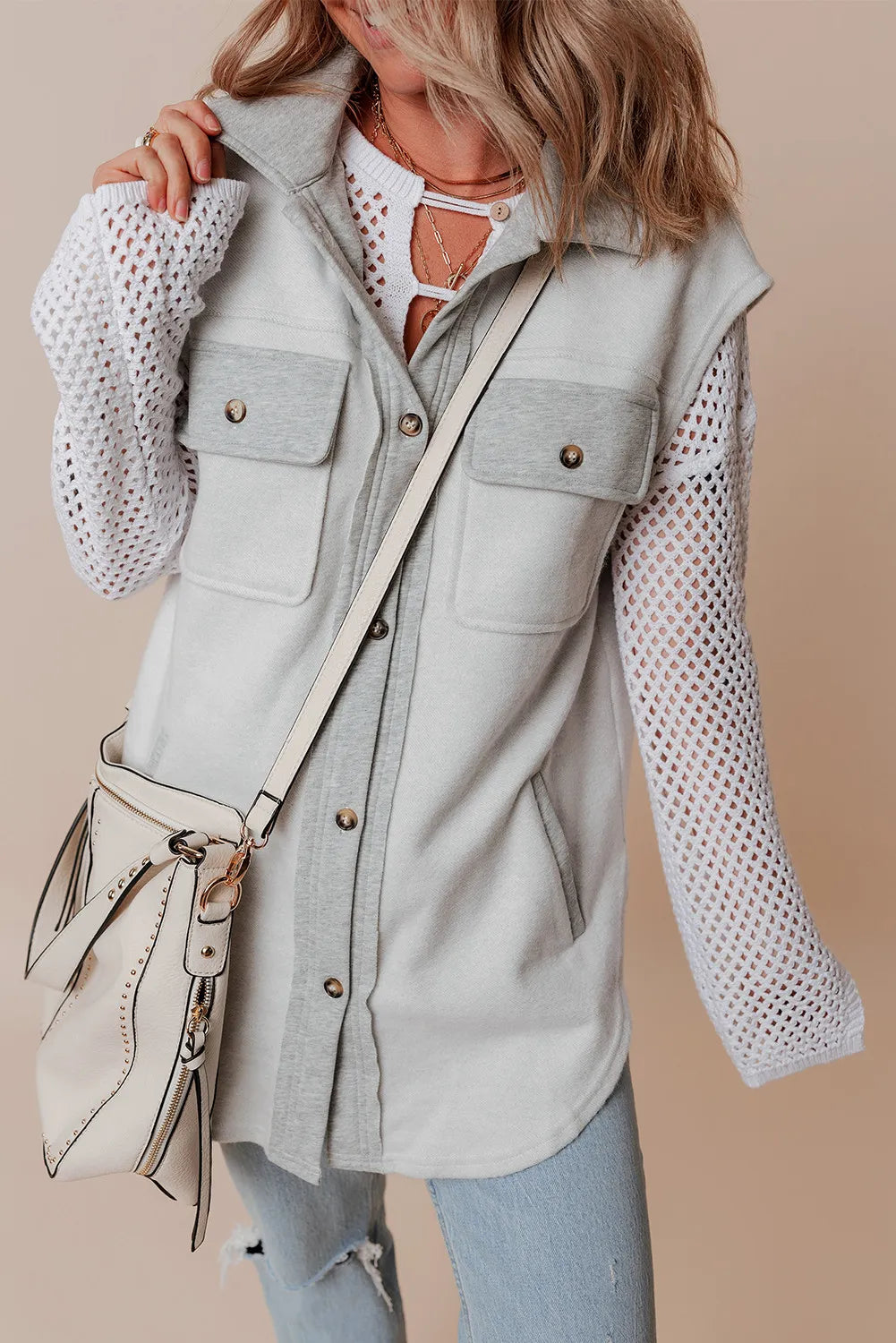 Pocketed Button Up Collared Neck Vest - Fashions Envy