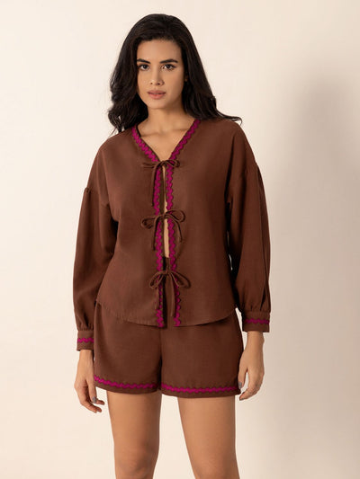 Brown Tied V-Neck Long Sleeve Top and Shorts Set