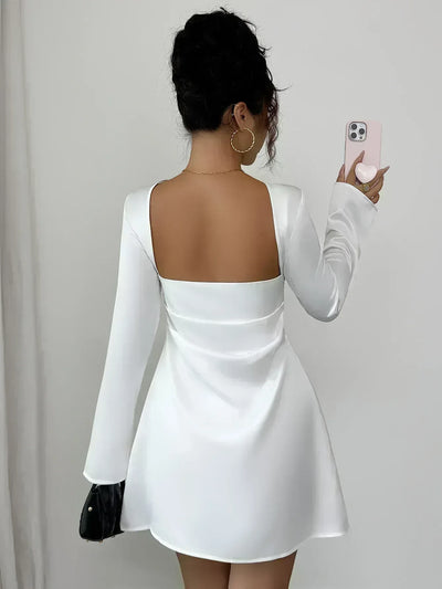 Backless Mini Dress - Flared Long Sleeve Party Dress - Fashions Envy