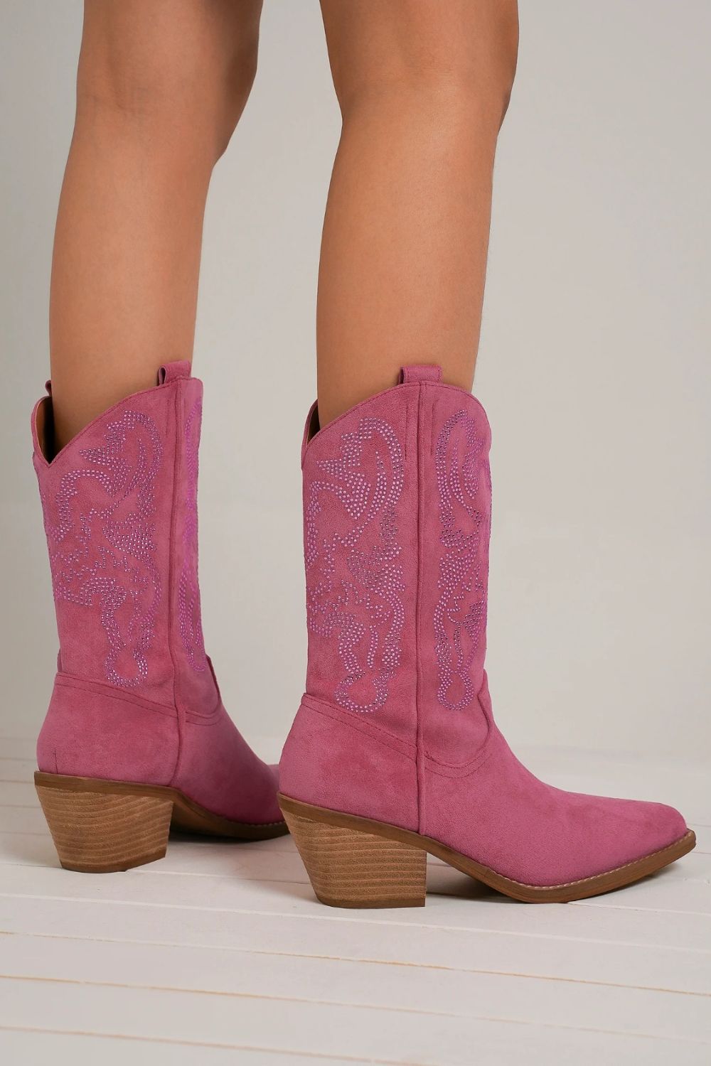 Cerise Pink Rhinestone Detail Point Toe Boots