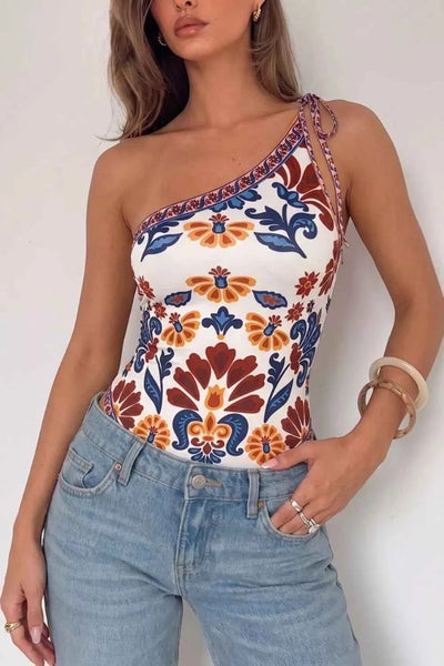 Floral Print One-Shoulder Tie Bodysuit