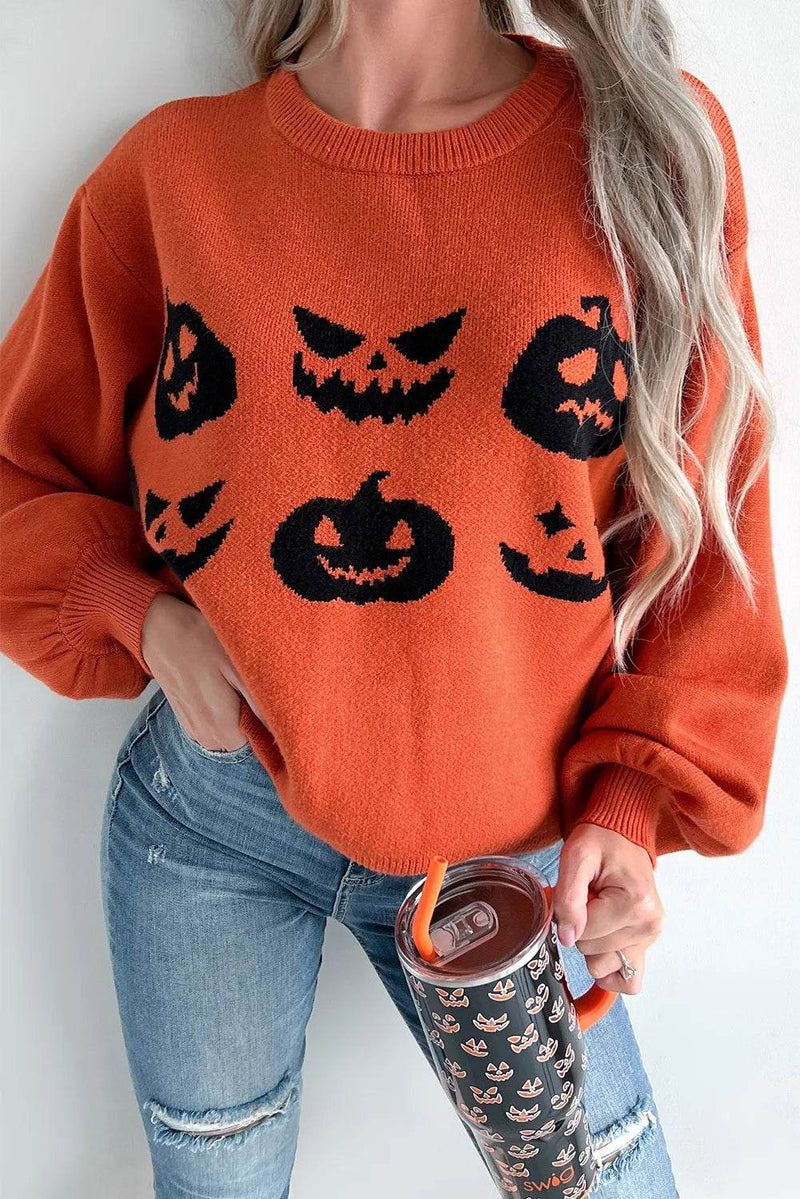 Pumpkin Pattern Round Neck Sweater - Fashions Envy