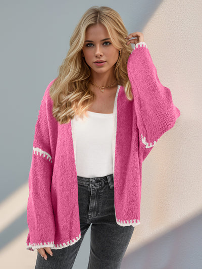 Double Take Contrast Open Front Dropped Shoulder Cardigan - Fashions Envy