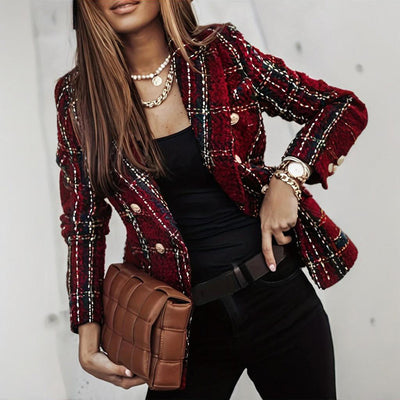 Elegant Checkered Long Sleeve Blazer - Double-Breasted Printed Coat