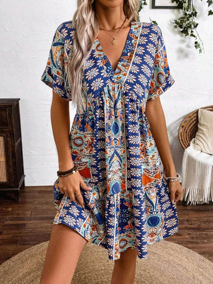Printed V-Neck Short Sleeve Dress - Ruffled Detail Summer Dress - Fashions Envy