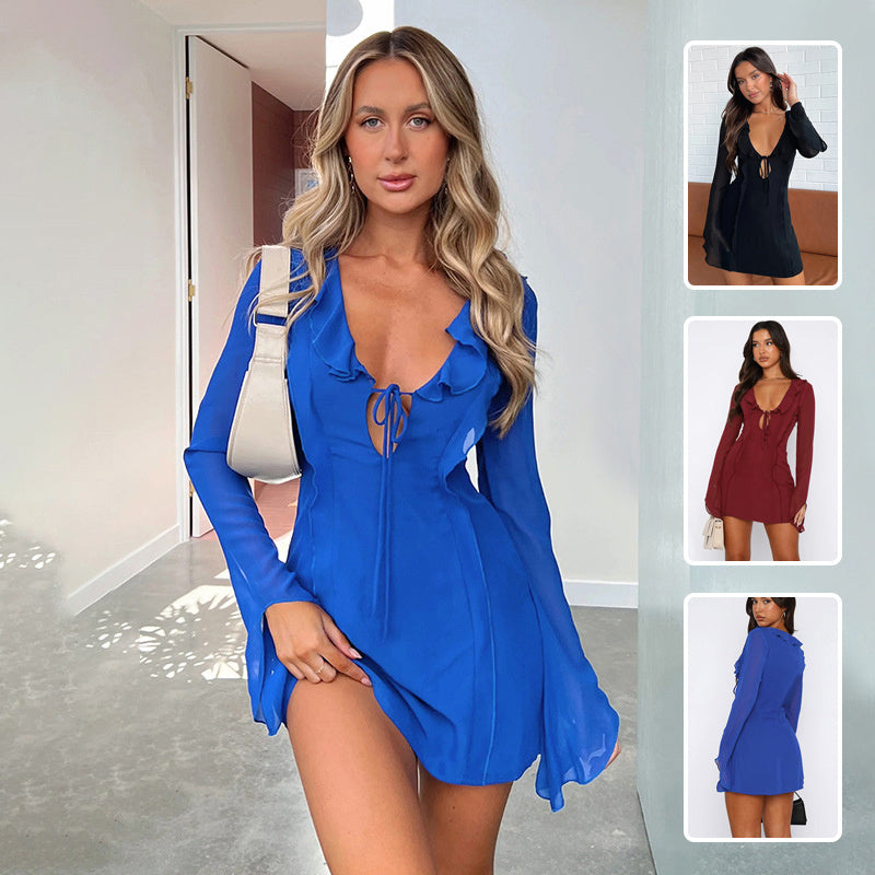 Sexy Y2K Ruffled V-neck Lace-up Long-sleeved Mini Dress