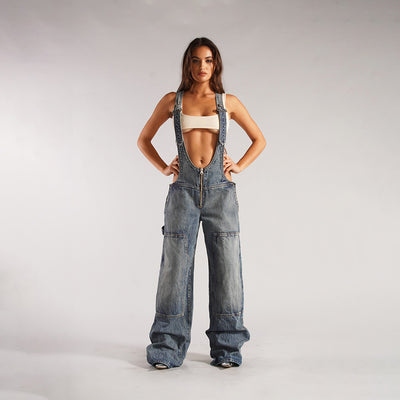 Denim Overalls - Y2K Zipper Suspender Wide Leg Jeans
