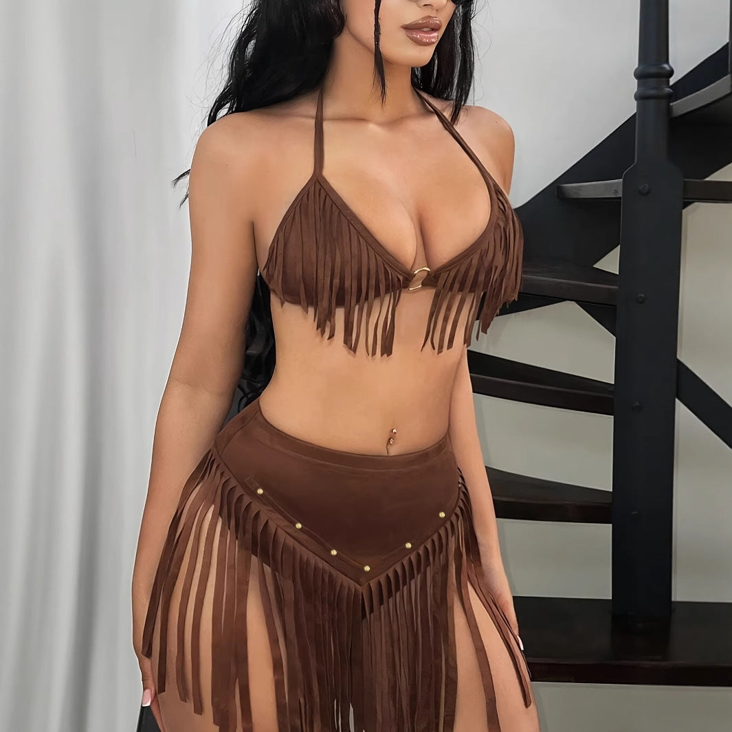 Sexy Bikini Style Tassel Hanging Neck Backless Outfit Set