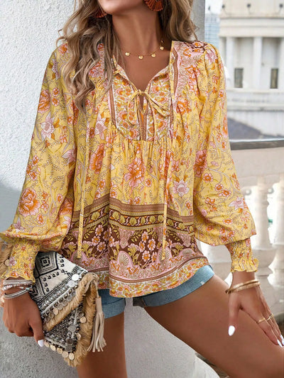 Bohemian Blouse - Floral Print Tie Neck - Fashions Envy