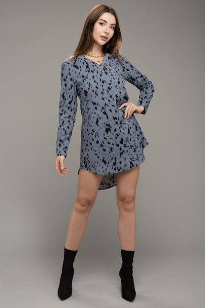 Blue Leopard Animal Print V Neck Mini Dress