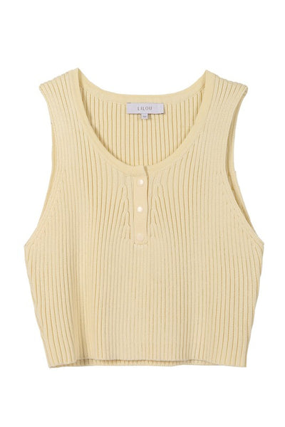 Yellow Sleeveless Ribbed Button Crop Top