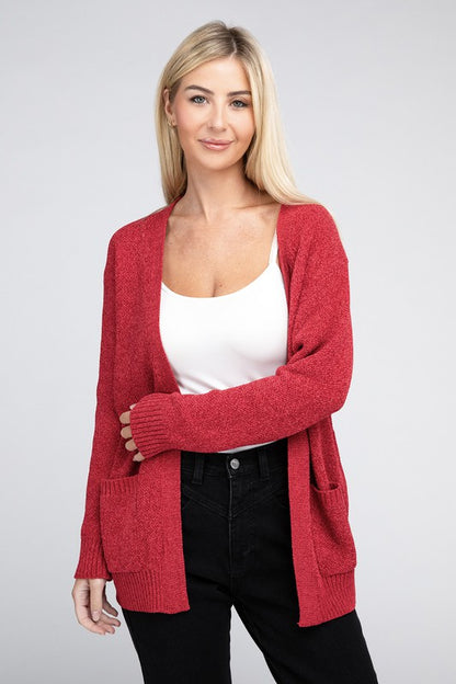 Melange Open Front Sweater Cardigan with Front Pockets