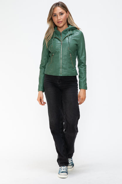 Sage Faux Leather Zip Up Drawstring Hooded Jacket