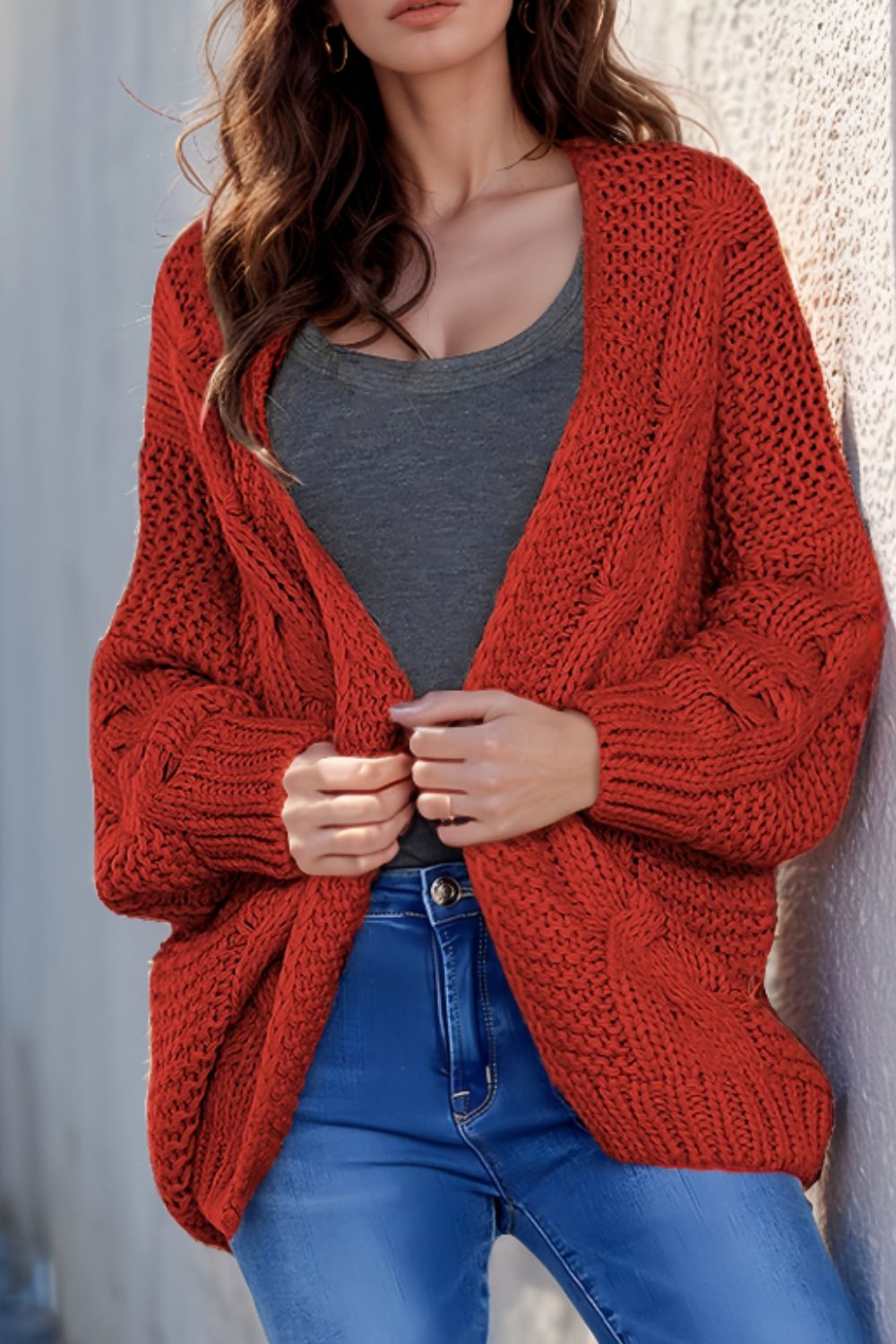 Cable-Knit Open Front Knitted Cardigan