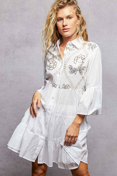 POL Floral Sequin Embroidered Mini Tiered Shirt Dress