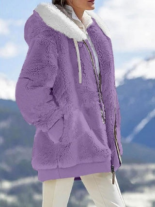 Warm Plush Hooded Jacket -  Long Sleeves With Zippered Pockets