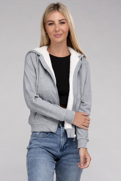 Fuzzy Trim Zip-Up Cropped Length Hoodie