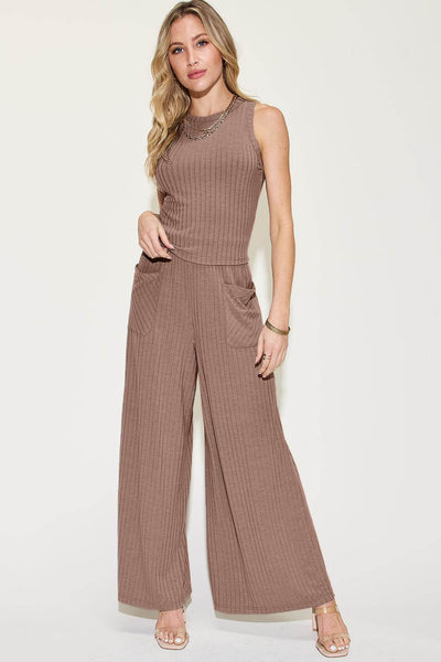 Basic Bae Full Size Ribbed Tank and Wide Leg Pants Set - Fashions Envy
