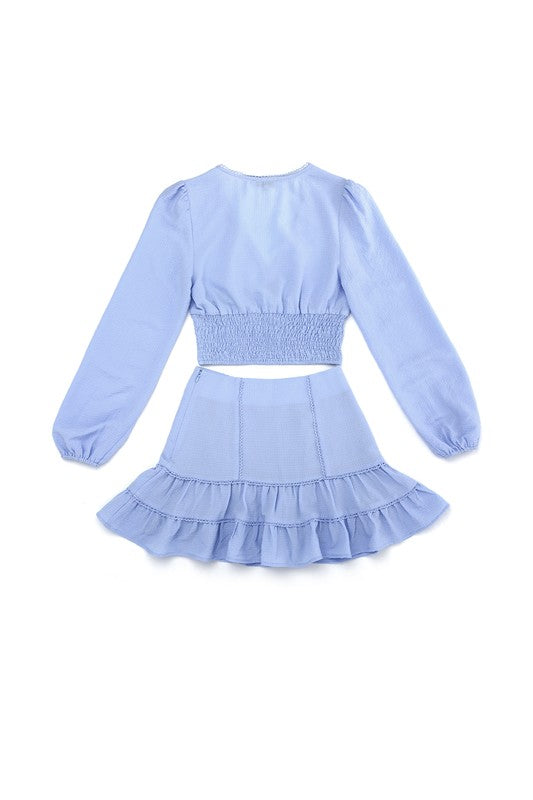 Lace Trimmed Smocking Blouse and Skirt Set