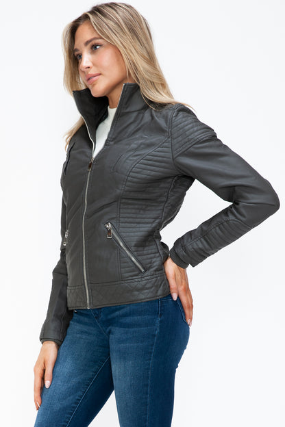 Charcoal Faux Layered Double-Zipper Jacket with Fuzzy Hood