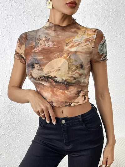 Abstract Print Ruffled Mock Neck Crop T-Shirt - Fashions Envy