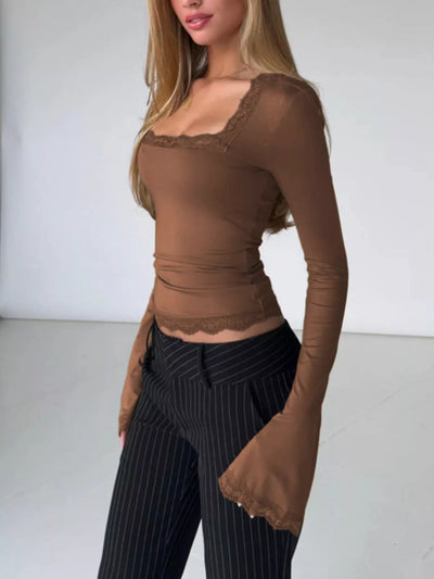 Lace Trim Top - Square Neck Long Sleeve Fitted - Fashions Envy