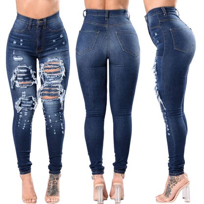 Women's Ripped Denim Pants - Washed Distressed Jeans