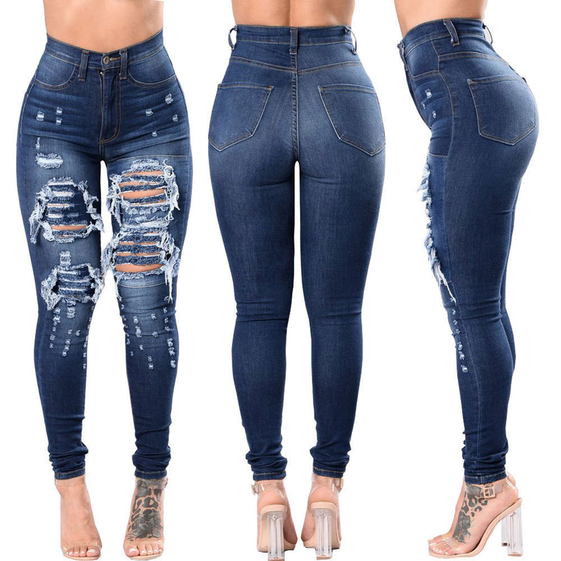 Women's Ripped Denim Pants - Washed Distressed Jeans