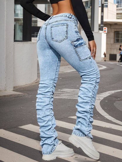High Waisted Elastic Jeans - Side Pocket Street Style - Fashions Envy