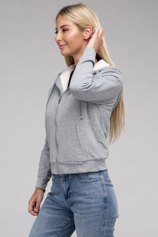 Fuzzy Trim Zip-Up Cropped Length Hoodie