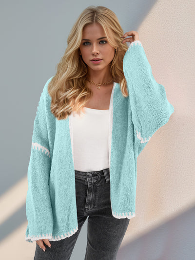 Double Take Contrast Open Front Dropped Shoulder Cardigan - Fashions Envy