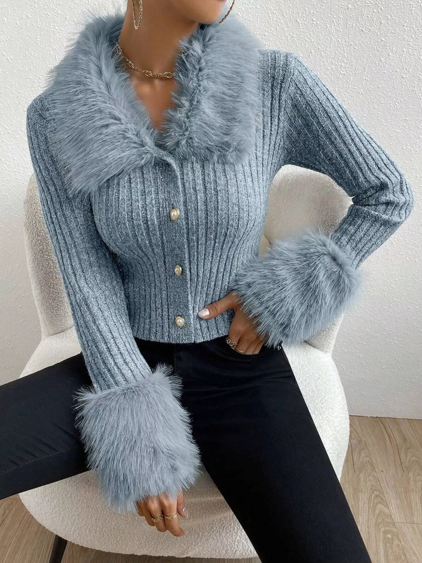 Faux Fur Trim Ribbed Knit Cropped Cardigan - Fashions Envy